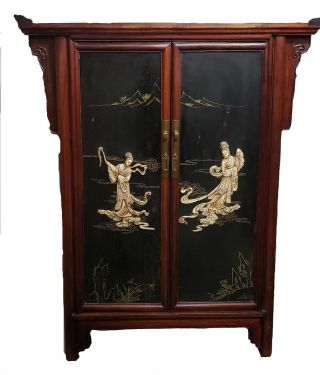 Vintage Wooden Oriental Chinese Black Lacquer Cabinet w/Bone Figures Lady Chest 2