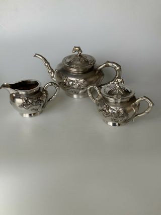 Antique Chinese Solid Silver 3 Piece Tea Set (yok Sang)