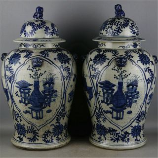 A Pair Rare Old Chinese Qing Blue&white Porcelain Eight Treasures General Jar