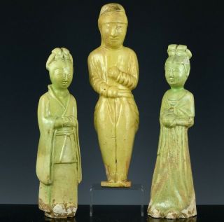 3 Very Rare Chinese Straw Glazed Imperial Attendant Figures Sui Tang Dynasty