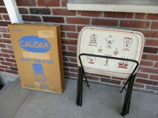 Set Of 4 Vintage Cal Dak Metal Folding Tv Trays W/ Stand,  Country Vgc