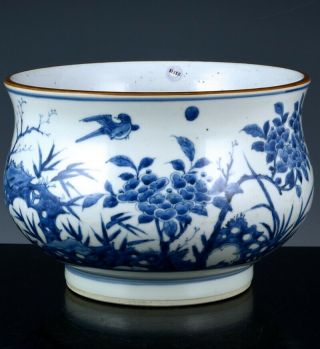 Large Antique Chinese Blue White Bird Landscape Porcelain Censer Bowl Kangxi