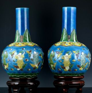LARGE PAIR 19THC CHINESE BLUE ENAMEL INCISED 8 IMMORTALS VASES SEAL MARK 2
