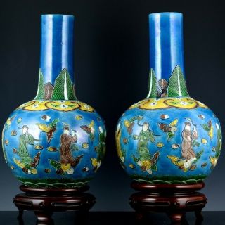 LARGE PAIR 19THC CHINESE BLUE ENAMEL INCISED 8 IMMORTALS VASES SEAL MARK 3