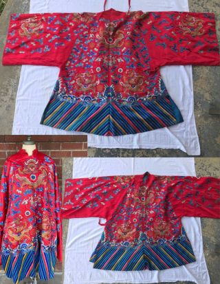 Vintage Antique Embroidered Red Silk Chinese Dragon Robe Coat Moths Bats 2