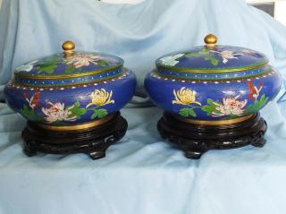 Chinese Cloisonne Lidded Bowls Rare Pair Large 9 " D.  With Stands