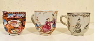 Three Antique Chinese Export Porcelain Tea Cups Qianlong Mandarin