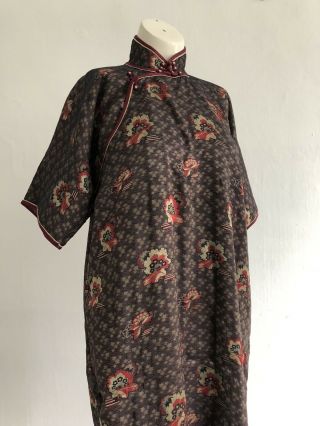 Antique 1920s Chinese Cheongsam Qipao Dress Floral Silk Brocade Scalloped Liner