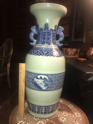 Antique Chinese Blue And White Porcelain Vase With Dragon Handles