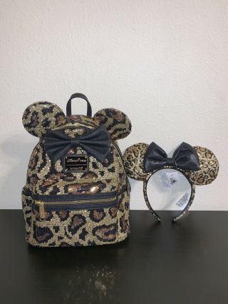 Disney Animal Kingdom Loungefly Mini Backpack Leopard Print & Minnie Ears Headba