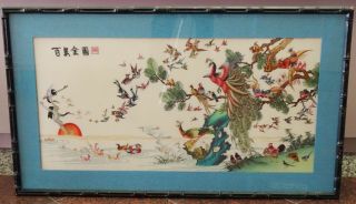 Monumental Framed Antique Early 20c Chinese Silk Embroidery Bird Panel 38 " X19 "