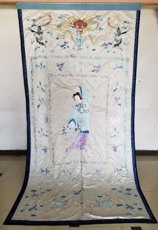 Huge Antique Chinese Hand Embroidered Figurative Wall Hanging Panel (x913)