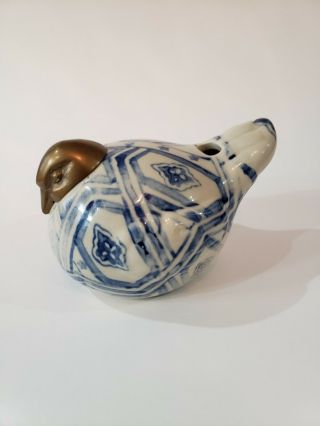 Vintage Blue And White Delft Ceramic Dove Bird With Brass Head Figurine