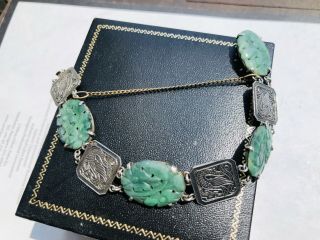 Antique Vintage Chinese Export Silver Carved Jade And Dragon Pattern Bracelet
