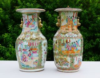 2x Large Antique Chinese Canton Famille Rose Porcelain Vase C1850