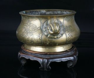 Antique Chinese Bronze Incised Censer Incense Burner & Wooden Stand XUANDE Mark 2