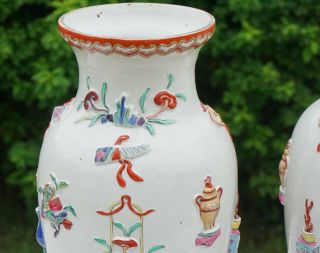 LARGE PAIR CHINESE FAMILLE ROSE ' HUNDRED TREASURES ' MOULDED VASES 19th C QING 2