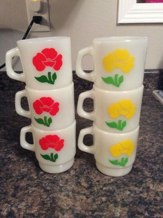 6 Vintage Fire King Anchor Hocking Milk Glass Red Yellow Poppy Stackable Mugs