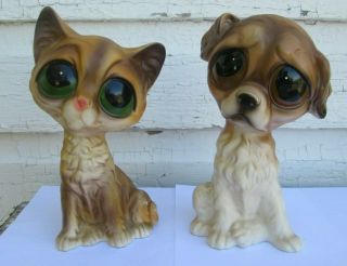 2 Vintage Ceramic Cat And Dog Figurines Big Eyes Sad Eyes Japan
