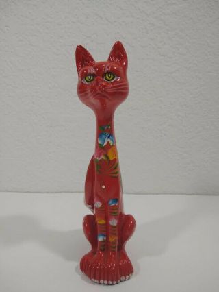 Vintage Red Painted Floral Long Neck Cat Porcelain Ceramic Figurine 8 1/4 " High