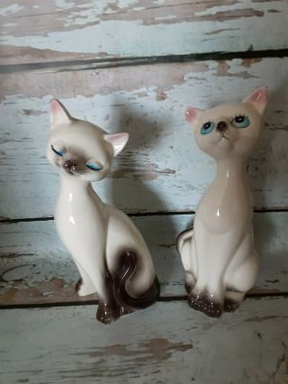 Set Of 2 Antique Japan Ceramic Siamese Cat Figurines Vintage