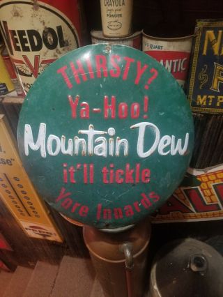 Vintage Old Metal Mountain Dew Soda Button Sign Gas Station General Store Coke