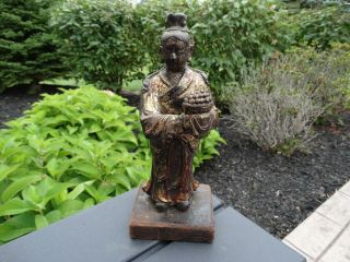 Antique Chinese Gilt Lacquer Carved Wood Guanyin Or Figure With Fruit Basket