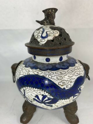 Antique Chinese Censer Incense Burner Blue Cloisonne With Lid Cover
