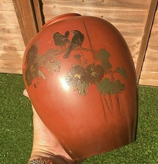 Antique 19th Century Japanese Bronze Red Enamelled Vase Birds & Flowers Signed