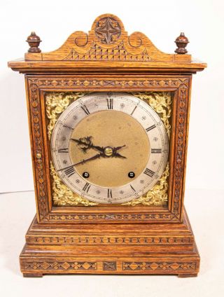 20th Century Hand Carved Oak Case Striking Mantle Clock - Salsbury & Son