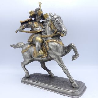 Vintage 3 Piece Metal Asian Warrior Statue On Horseback W/ Gilt Bronze Detail