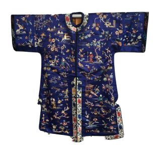Vintage Blue Chinese Silk Full Embroidered Long Jacket Coat Robe
