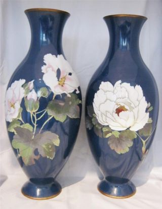 Chinese Cloissone Vases On Blue Ground With Peonies & Butterflies 12 " Af