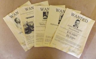 11 X 14 Set Of 5 Gangster Wanted Posters Capone,  Dillinger,  Bonnie,  Clyde,  More