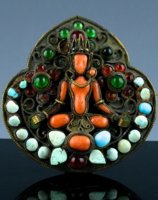 Antique Chinese Tibetan Orange Turquoise Glass Buddha Figural Bronze Brooch