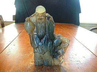 Antique Chinese Carved Jade Figure Of Old Man With Staff