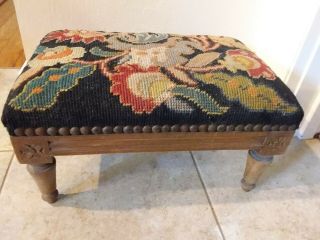 Floral Tapestry Footstool Vintage Made In Belgium Country Antique Foot Stool