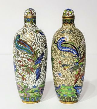 Pair 19th C Antique Chinese Cloisonne Snuff Bottles W Phoenix Birds & Flowers