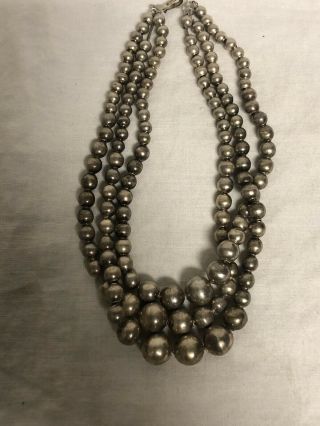 Vintage Mexican 3 Strand Sterling Silver Beaded Necklace