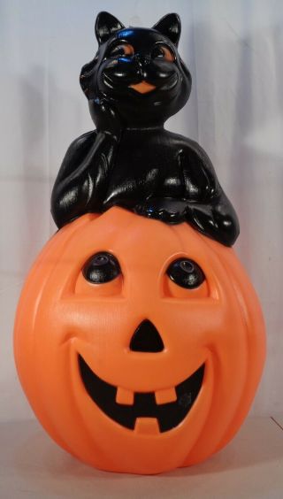 Large 35 " Vintage Lighted Plastic Blow Mold Of A Black Cat Sitting On A Pumpkin