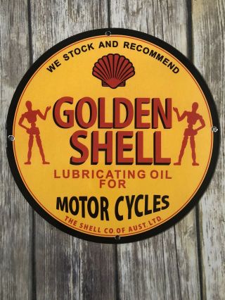 Vintage " Golden Shell Motorcycle Oil W/ 2 Guys " 6 " Porcelain Metal Gasoline Sign