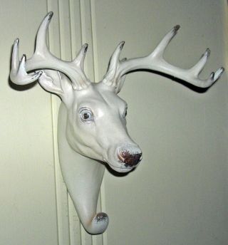 Big Cast Resin Wall Mount Deer Head W/ Antlers And Hook White 5 Point Buck