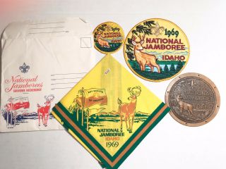 Vintage 1969 Bsa National Jamboree Idaho Neckerchief & Patches In Envelope