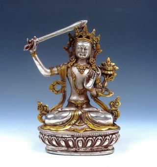 Vintage Tibetan Silver Plated Gold Gilt Large Manjushri Buddha Holding Big Sword
