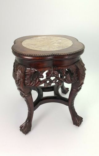 Vintage Chinese Carved Rosewood Plant Stand Marble Top