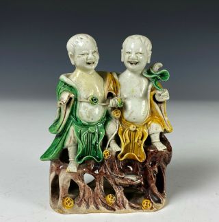 Antique Chinese Famille Verte Porcelain Statue Of Two Figures - Kangxi