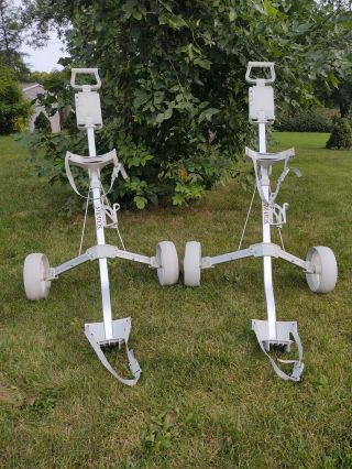 Set Of 2 Knight Vntg.  Stratos Wide - Wheel Foldable Aluminum Golf Push Pull Cart