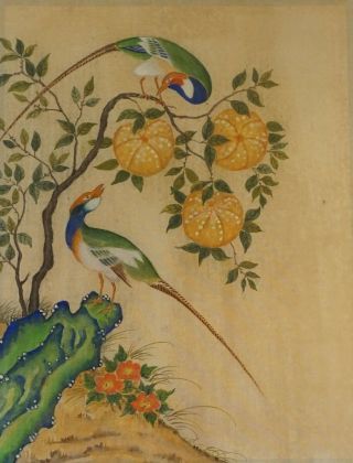 Old Korean Minhwa Folk Hand Painting 2 Pheasants Persimmon Tree On Jangji Paper
