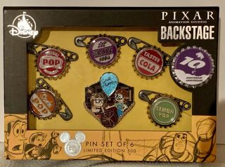 D23 Expo 2019 Pixar Up Backstage Soda Bottle Cap 6 Pin Set Le 500 Disney Store