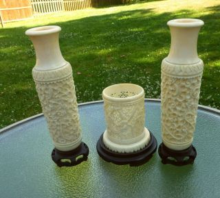 Two Exquisite Antique Chinese Carved Bone Bovine Bud Vases & Brush Pot W Dragons